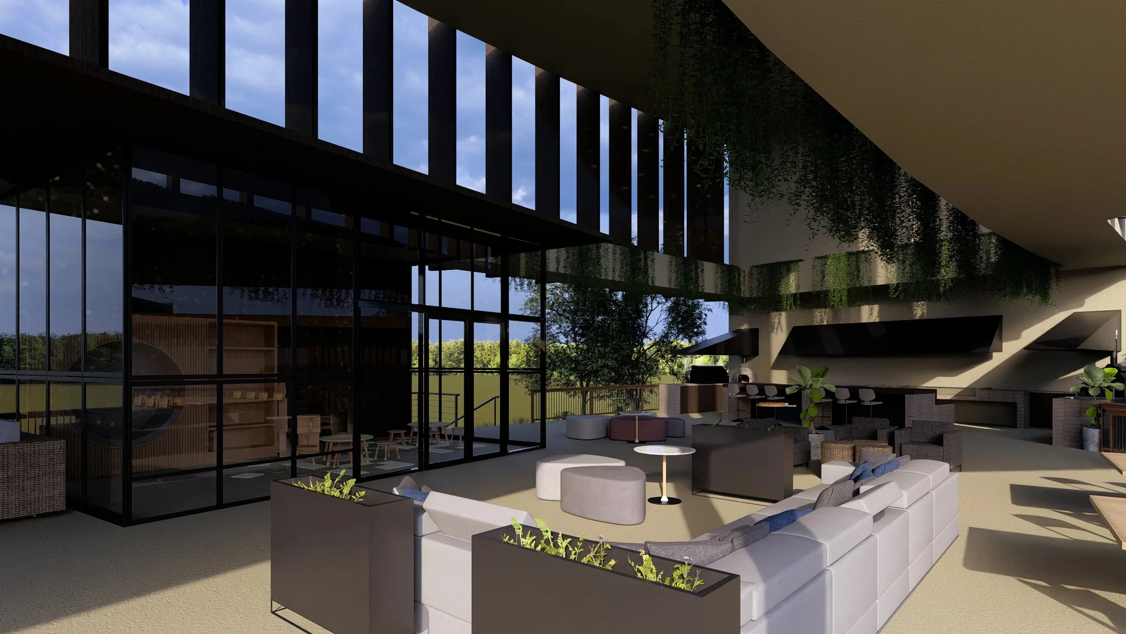 Render del lounge de la casa club de Granados