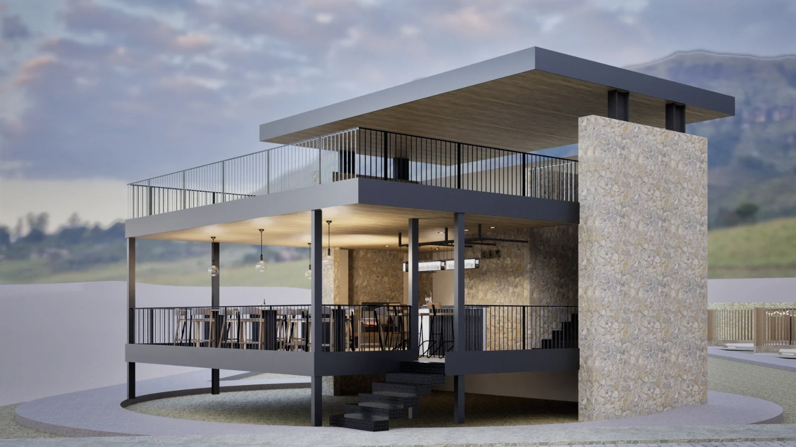 Render de terraza y arquitectura de Los Villarreal